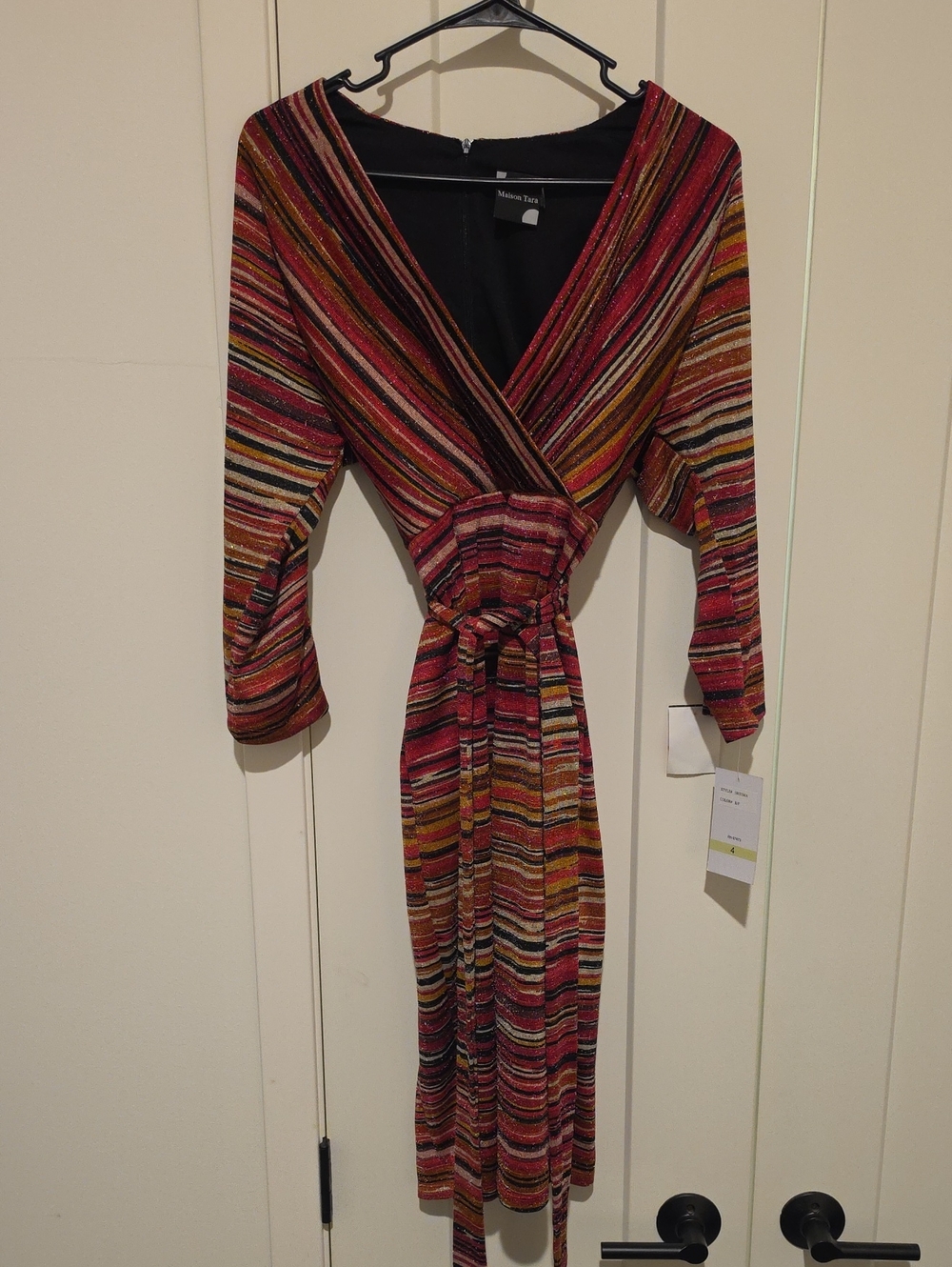 Maison Tara Multicolor Striped Wrap Dress in Red, Pink, Gold and Black